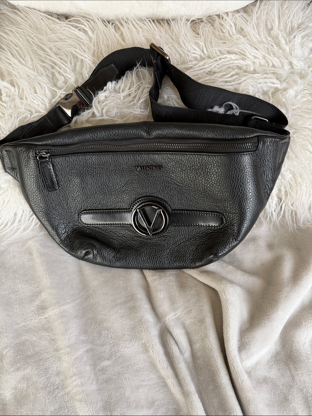 Large Valentino Black Leather V-Logo Belt Bag Approximately L12” x H 8”